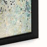 Close-up of a minimalist abstract framed canvas featuring soft pastel colors and geometric shapes, perfect for modern home decor, adding a stylish touch to any room.