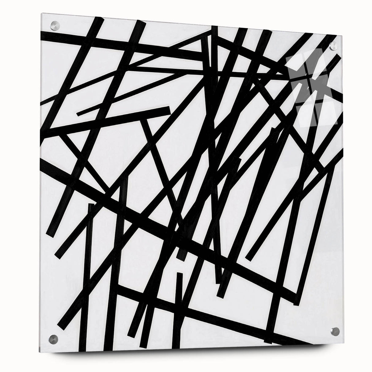 Abstract minimalist acrylic glass artwork displayed in a side view, featuring vibrant colors and geometric patterns, secured with decorative pins, perfect for modern decor.