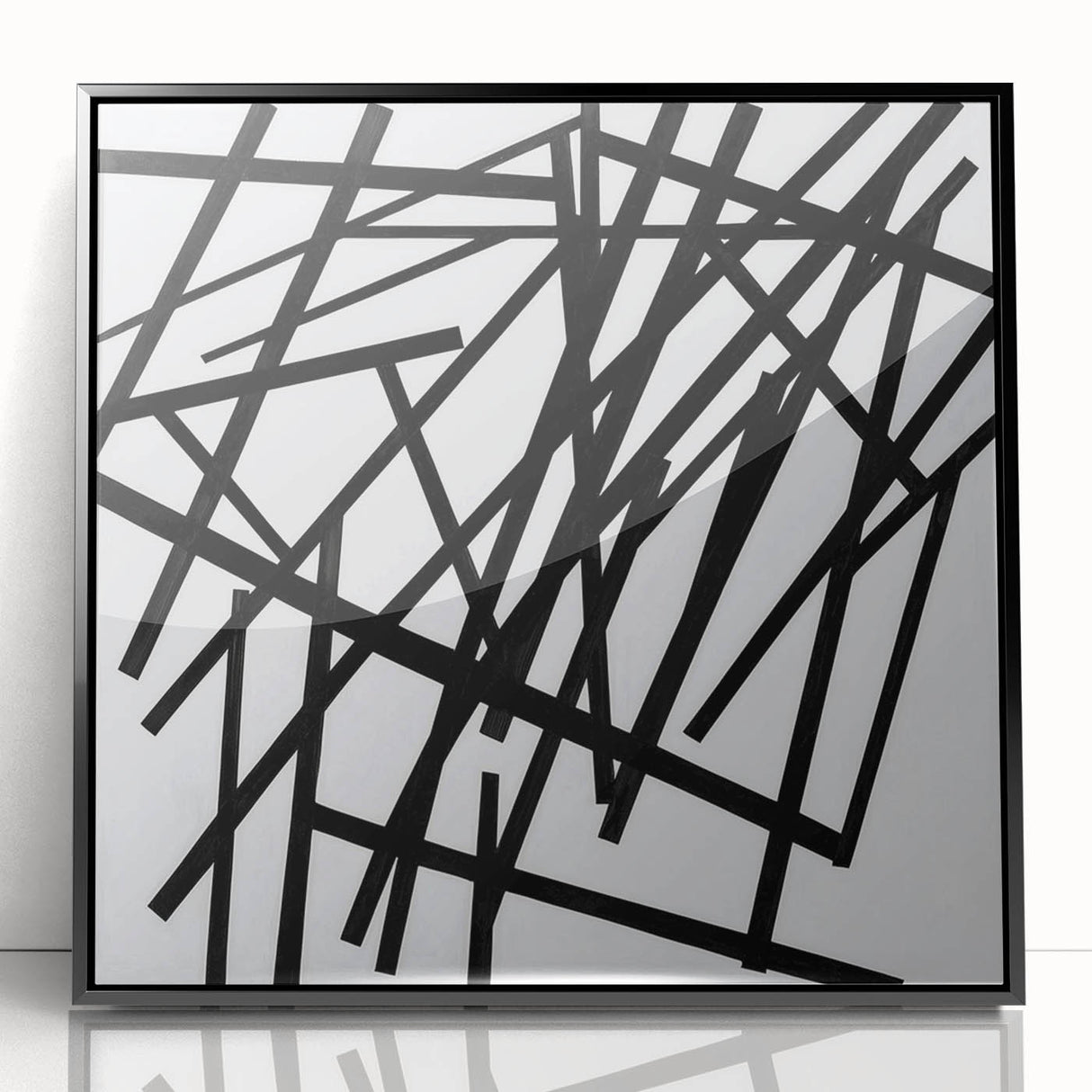 Framed minimalist black acrylic artwork, showcasing abstract geometric shapes, perfect for modern home decor. Ideal for enhancing contemporary spaces with style.