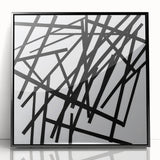 Framed minimalist black acrylic artwork, showcasing abstract geometric shapes, perfect for modern home decor. Ideal for enhancing contemporary spaces with style.