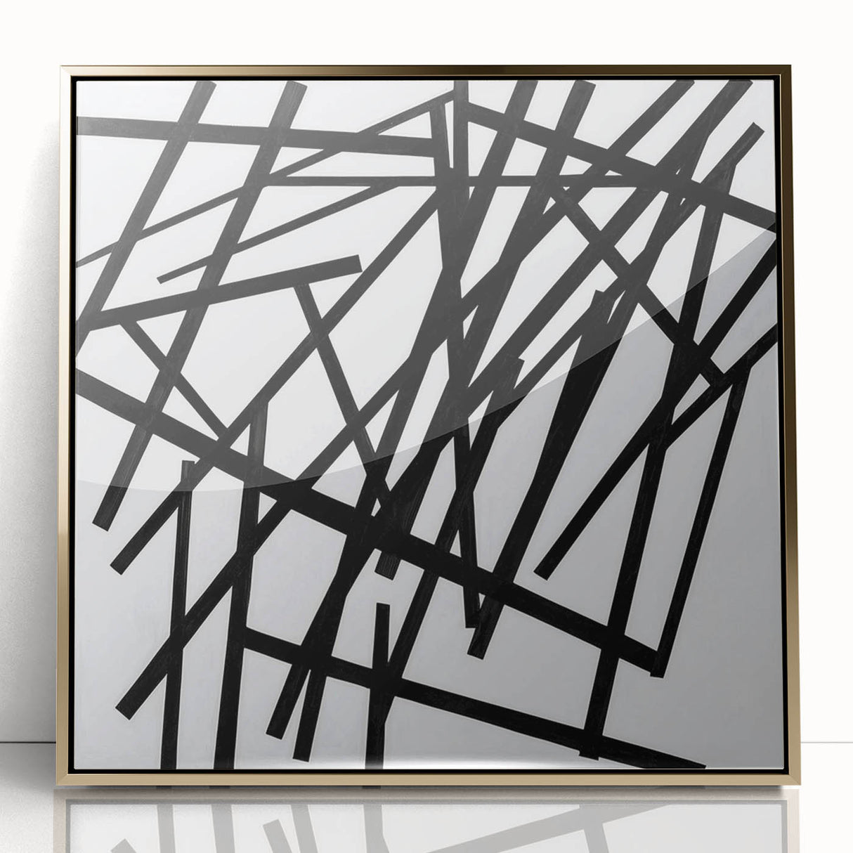 Framed acrylic wall art featuring a minimalist gold abstract design, perfect for modern decor, showcasing elegant lines and a sleek presentation.