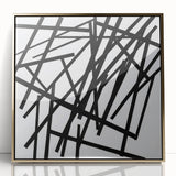 Framed acrylic wall art featuring a minimalist gold abstract design, perfect for modern decor, showcasing elegant lines and a sleek presentation.