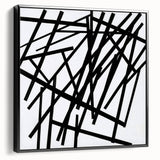 Framed minimalist abstract canvas artwork in black, showcasing a sleek side view with clean lines, perfect for modern home decor or office spaces.