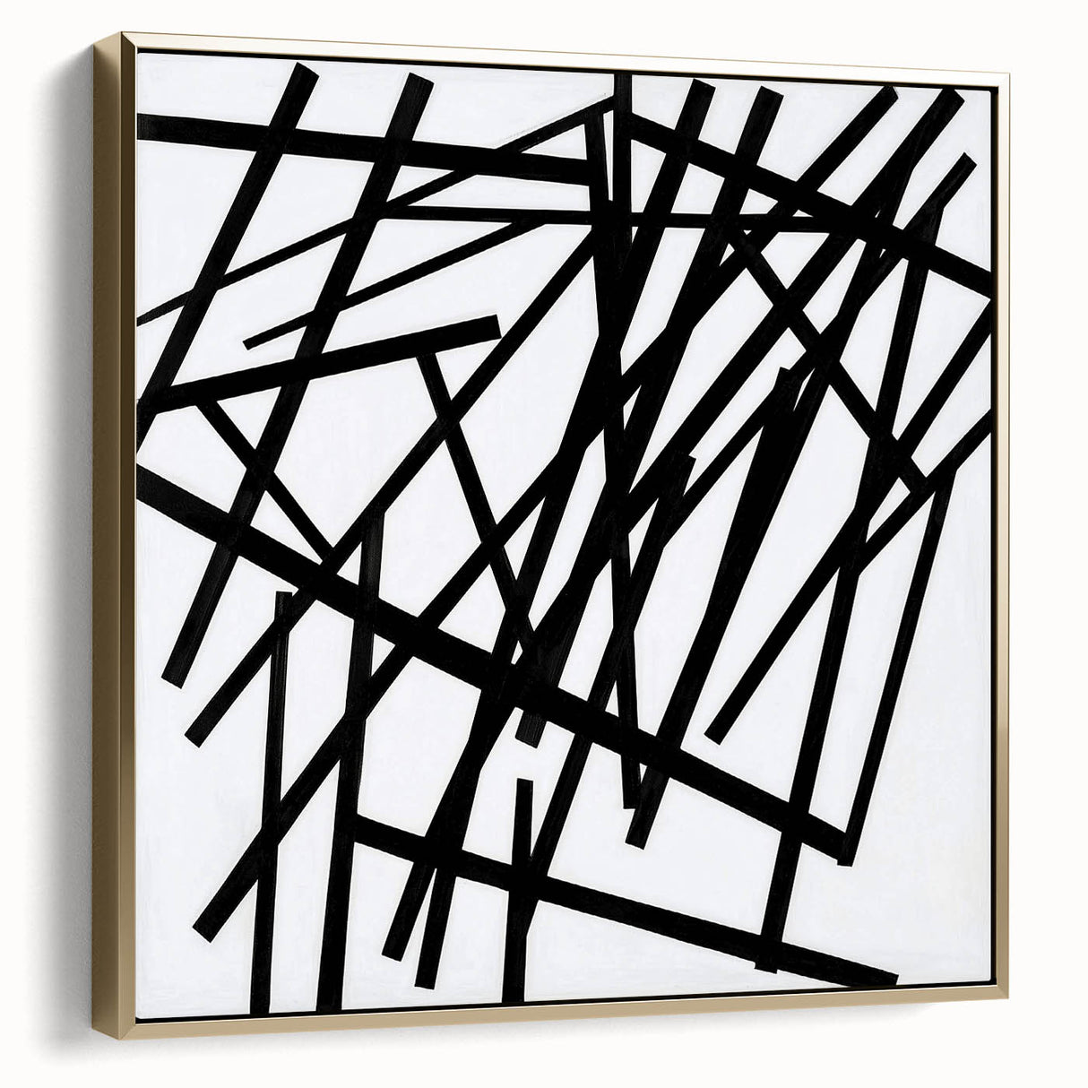 Framed minimalist abstract canvas artwork in silver and gold tones, showcasing elegant geometric shapes, perfect for modern home decor and art enthusiasts.