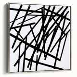 Framed minimalist abstract canvas artwork in silver, showcasing elegant geometric patterns and soft color gradients, perfect for modern home decor.