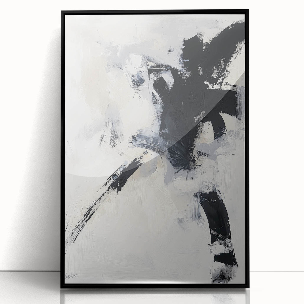 Framed acrylic wall art featuring a minimalist abstract design in black tones, showcasing geometric shapes and smooth lines, perfect for modern decor.