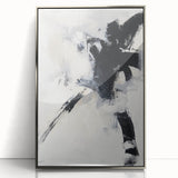 Framed acrylic artwork in a minimalist abstract design with silver accents, showcasing modern geometric shapes against a light background, ideal for contemporary decor.