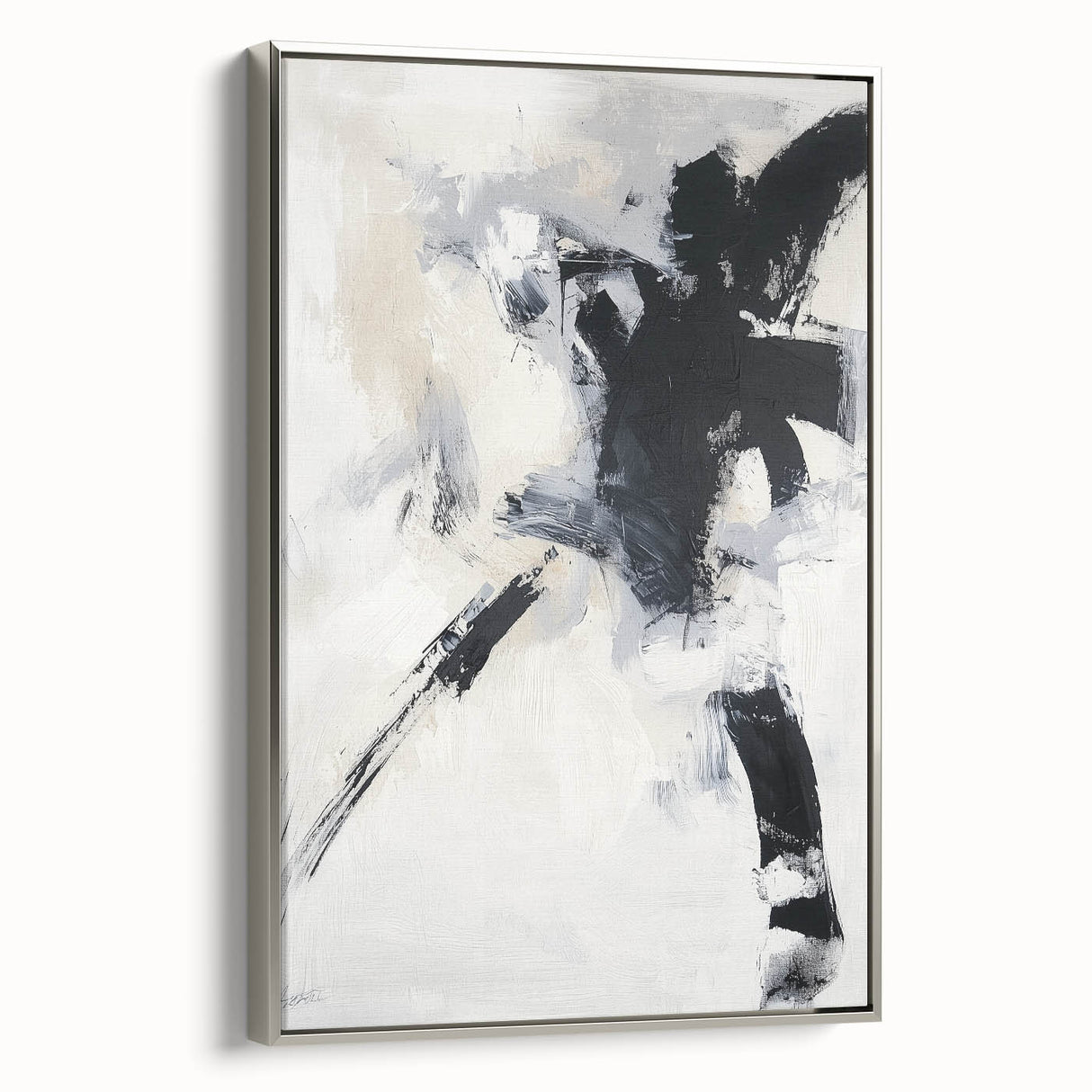 Framed minimalist abstract canvas artwork in silver, showcasing clean lines and subtle textures, ideal for modern home decor. Side view highlights elegant design.