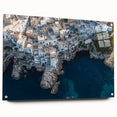 Acrylic landscape artwork depicting dramatic cliffs with vibrant colors, displayed in a sleek glass frame, showcasing depth and artistic detail. Ideal for modern home decor.
