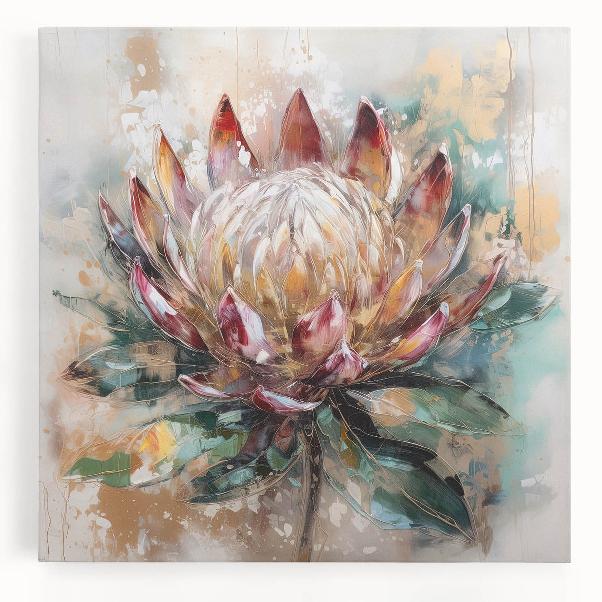 Burgundy and Gold Floral Wall Art – Elegant Canvas for Living Room