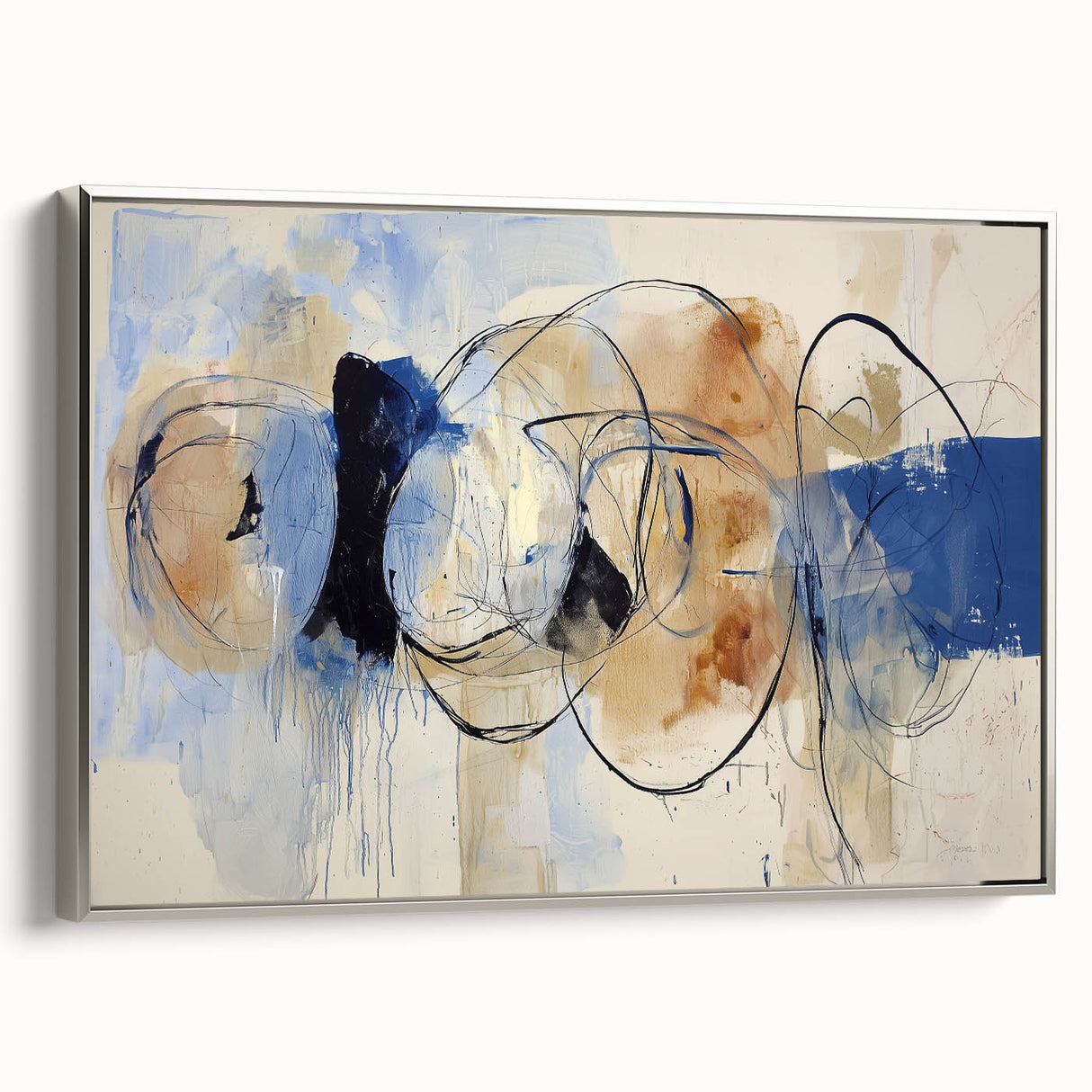 Framed abstract canvas art featuring vibrant splatter designs in silver tones, ideal for modern home decor, enhancing aesthetic appeal and artistic expression.
