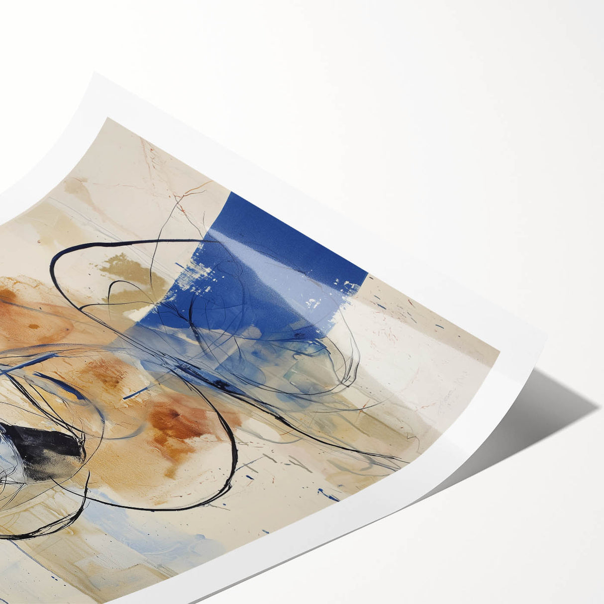 Abstract splatter art print featuring vibrant colors of blue, orange, and yellow, rolled and secured in a protective cardboard tube, perfect for modern decor.