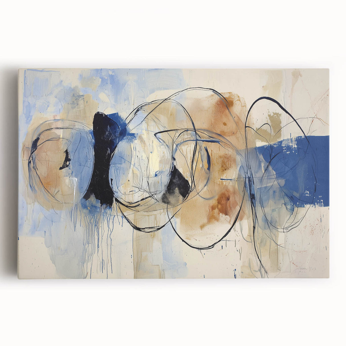 Abstract splatter art canvas featuring vibrant colors and dynamic patterns, perfect for modern home decor, showcasing artistic flair and creativity in a stretched format.