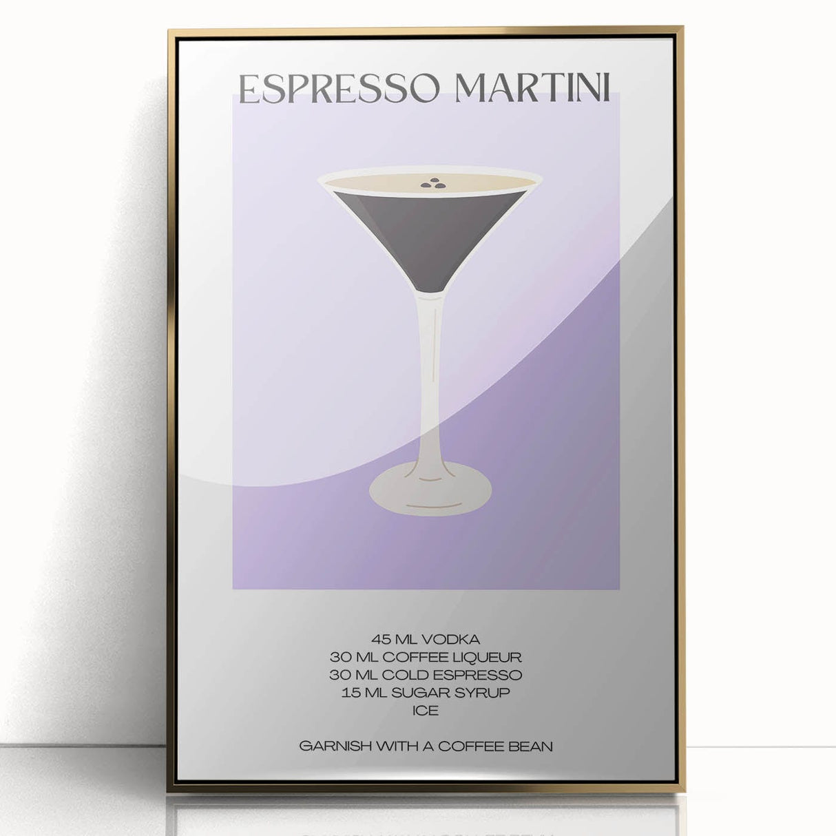 Mid-century modernist style large art print featuring vibrant food and drink motifs on a gold acrylic framed canvas.