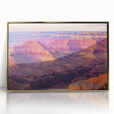 Framed acrylic artwork showcasing a stunning landscape of canyons with rich golden hues. Perfect for enhancing modern decor, adding depth and elegance to any space.
