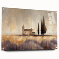 Side view of a vibrant acrylic landscape artwork depicting a serene countryside scene, framed in glass and featuring decorative pins for display. The piece showcases lush green fields and a clear blue sky, ideal for enhancing home decor with a nature-inspired aesthetic.