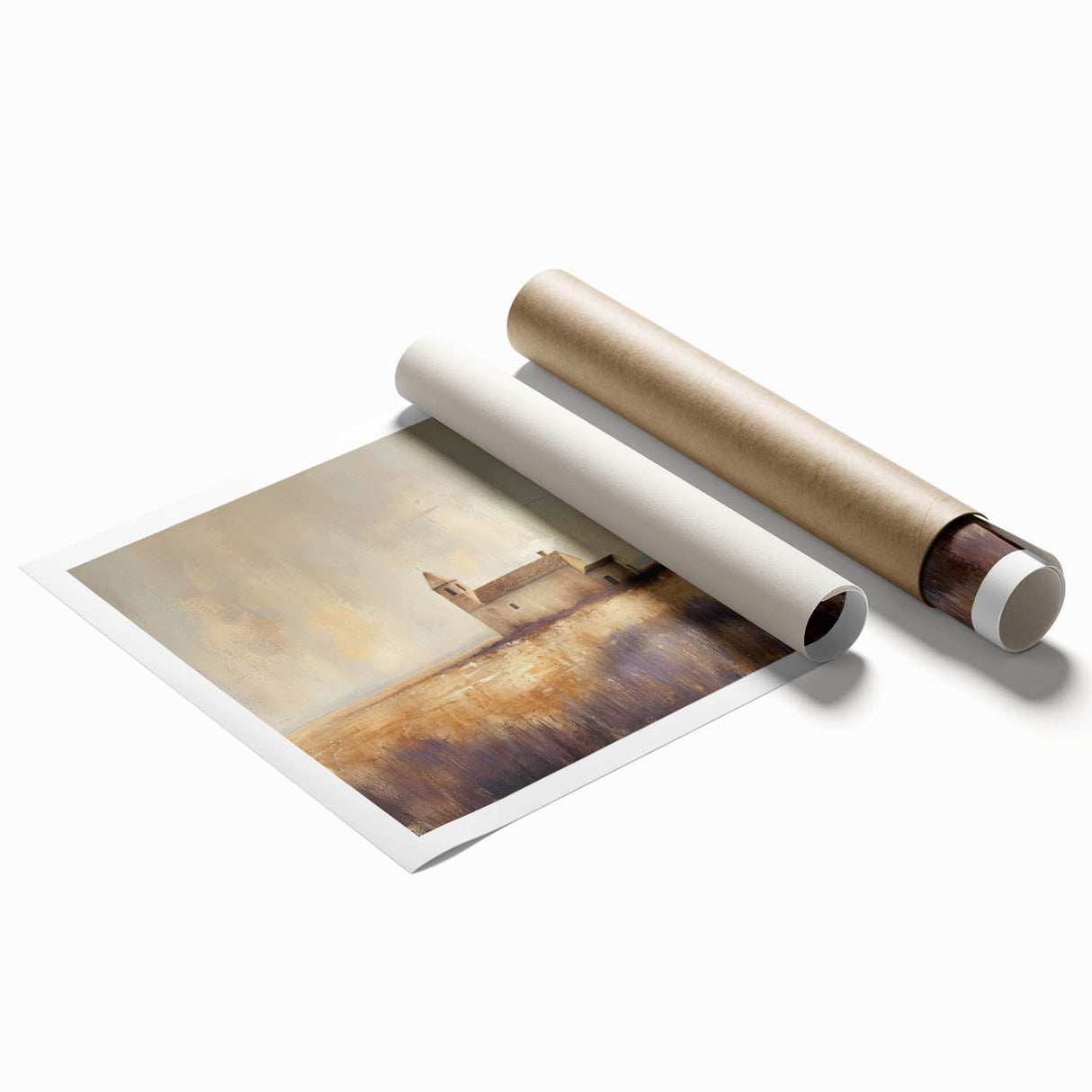 Rolled print showcasing a serene countryside landscape with rolling hills and vibrant green fields, elegantly packaged in a protective cardboard tube for safe shipping.