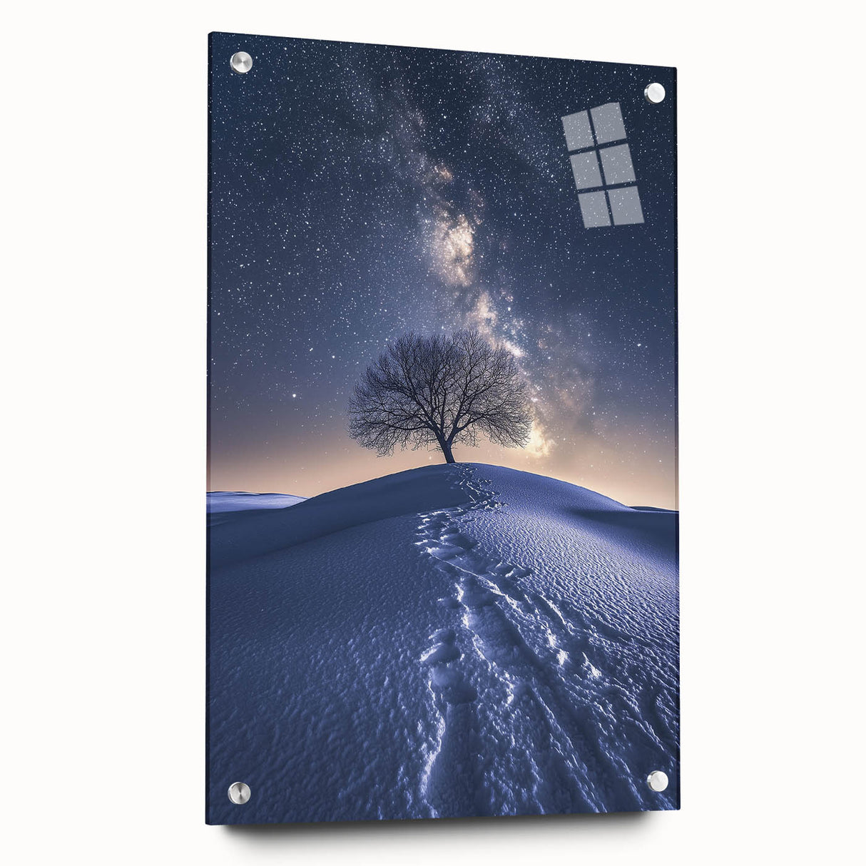 Desert landscape acrylic glass artwork showcasing vibrant hues of orange and blue, elegantly framed with pins for a modern aesthetic. Perfect for home decor.