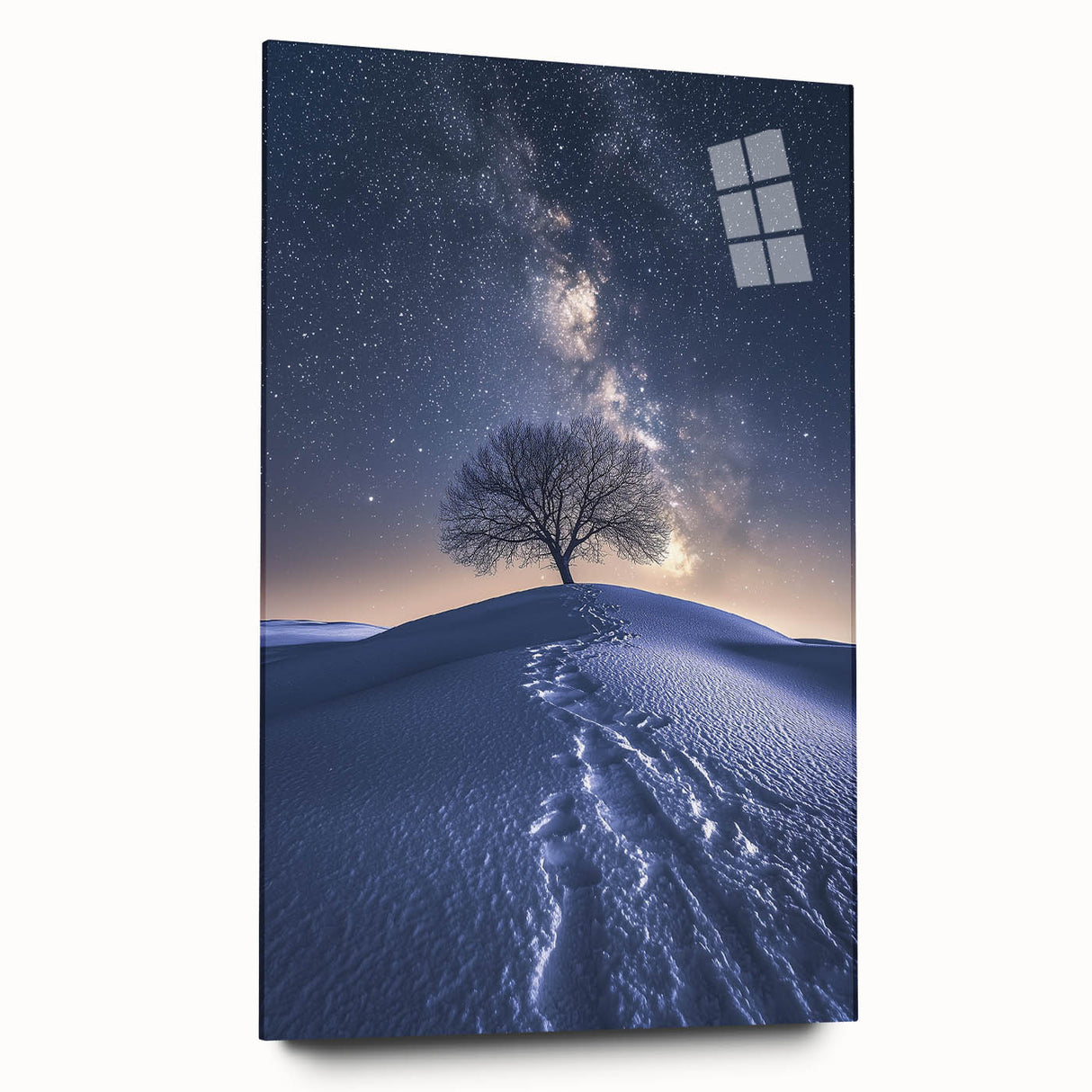 Desert landscape artwork displayed in acrylic glass, showcasing vibrant hues of orange and blue, with a modern side view design that enhances any decor.