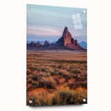 Acrylic glass print showcasing a stunning desert landscape with golden dunes, captured from the side view, featuring sleek pins for display. Ideal for modern home decor.