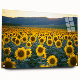 Acrylic glass landscape art piece showcasing vibrant green fields under a clear blue sky, viewed from the side with decorative pins securing it, ideal for modern home decor.