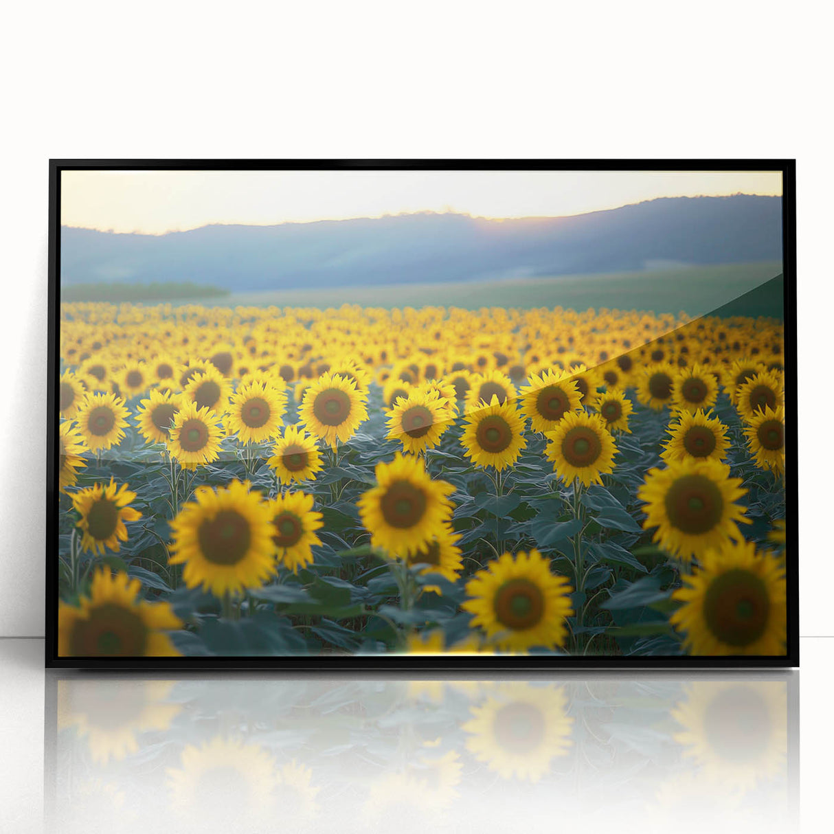 Framed acrylic artwork of lush green fields under a bright blue sky, showcasing serene landscapes and vibrant colors, perfect for home or office decor.