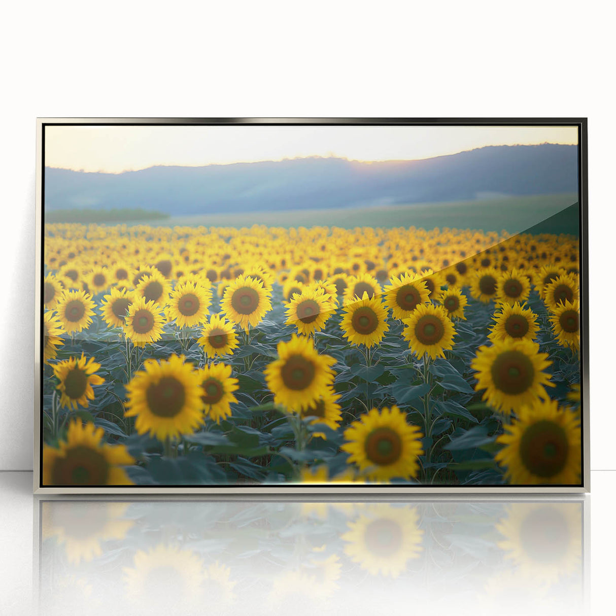 Framed acrylic artwork depicting serene landscapes of lush green fields and rolling hills, set in a stylish silver frame that enhances any decor. Ideal for nature lovers seeking to brighten their living spaces.