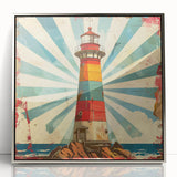 Framed wall art featuring a serene lighthouse landscape in silver-acrylic finish, showcasing vibrant colors and intricate details, perfect for coastal-themed decor.