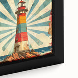 Close-up of a framed canvas wall art depicting a serene lighthouse landscape, featuring soft blue skies and vibrant coastal colors, ideal for home decor.