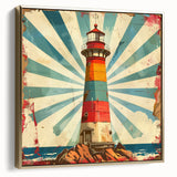 Framed canvas wall art depicting a serene lighthouse landscape with silver and gold accents, perfect for home decor and coastal themes. Ideal for creating a calming atmosphere.