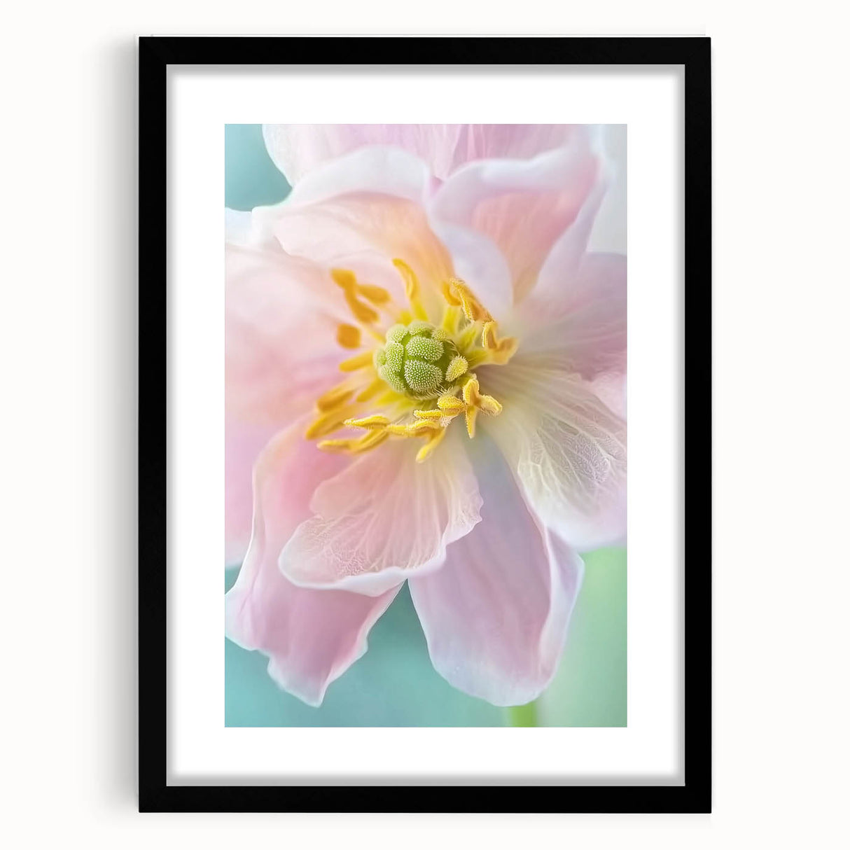 Extra large abstract art print featuring vibrant, colorful floral textures in a black frame, ideal for living room decor.