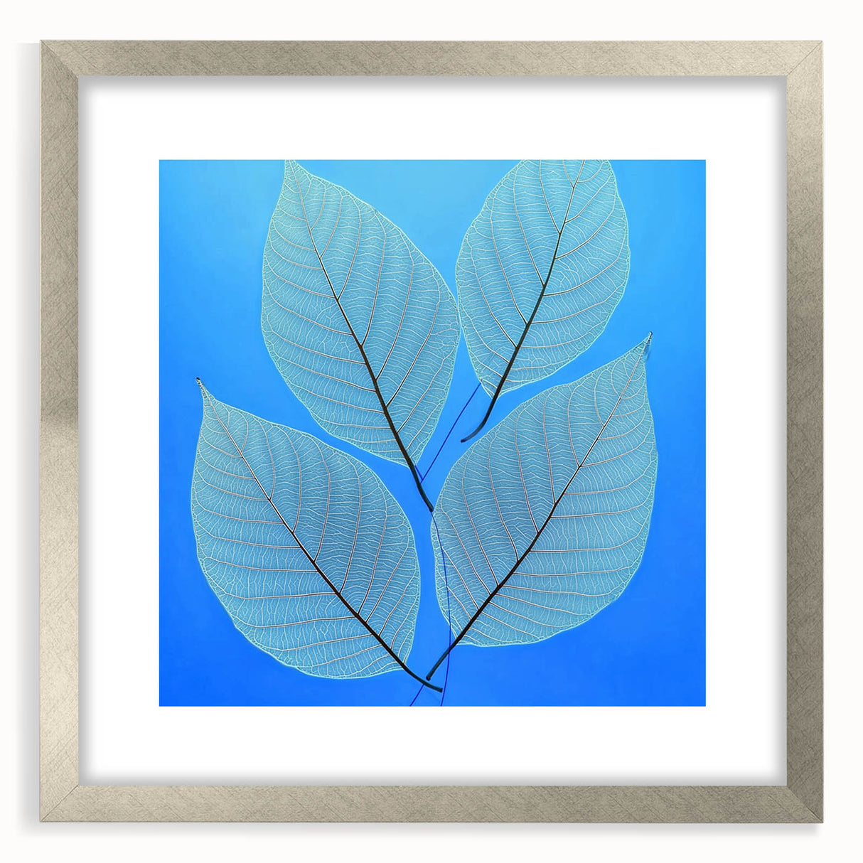 Textured art print of abstract green leaves, framed in silver, ideal for bedroom decor.