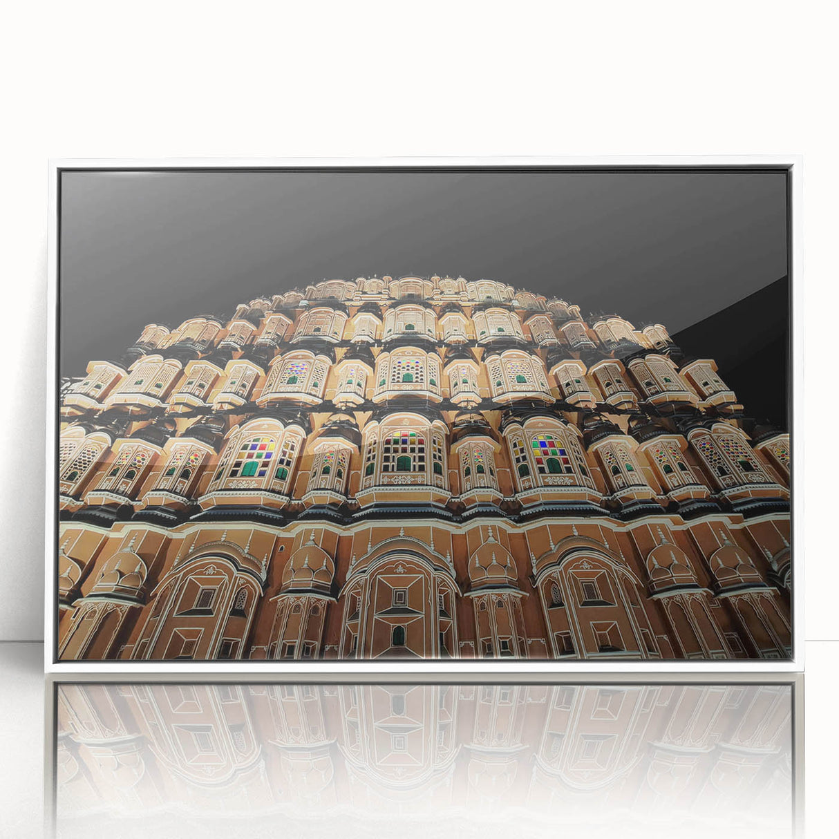 Art deco poster featuring a serene Indian landscape in muted earth tones on a framed acrylic.