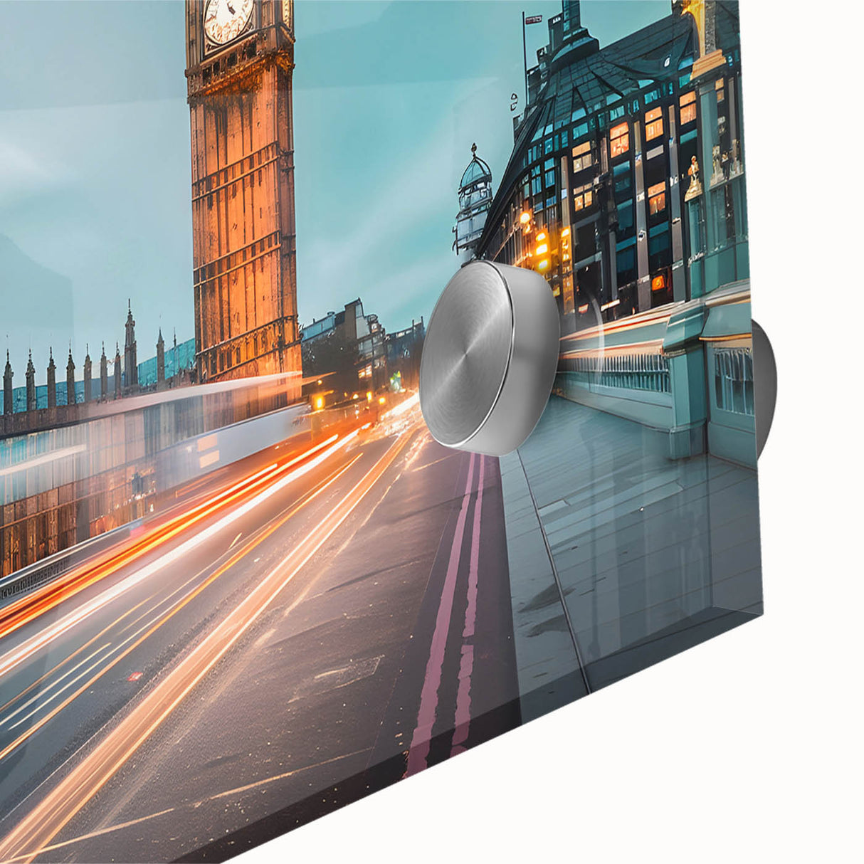 Large abstract depiction of London in muted blue and orange tones on acrylic glass, ideal for dining room art.