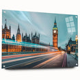 Acrylic print of London skyline in muted gray and blue tones, ideal for dining room decor.