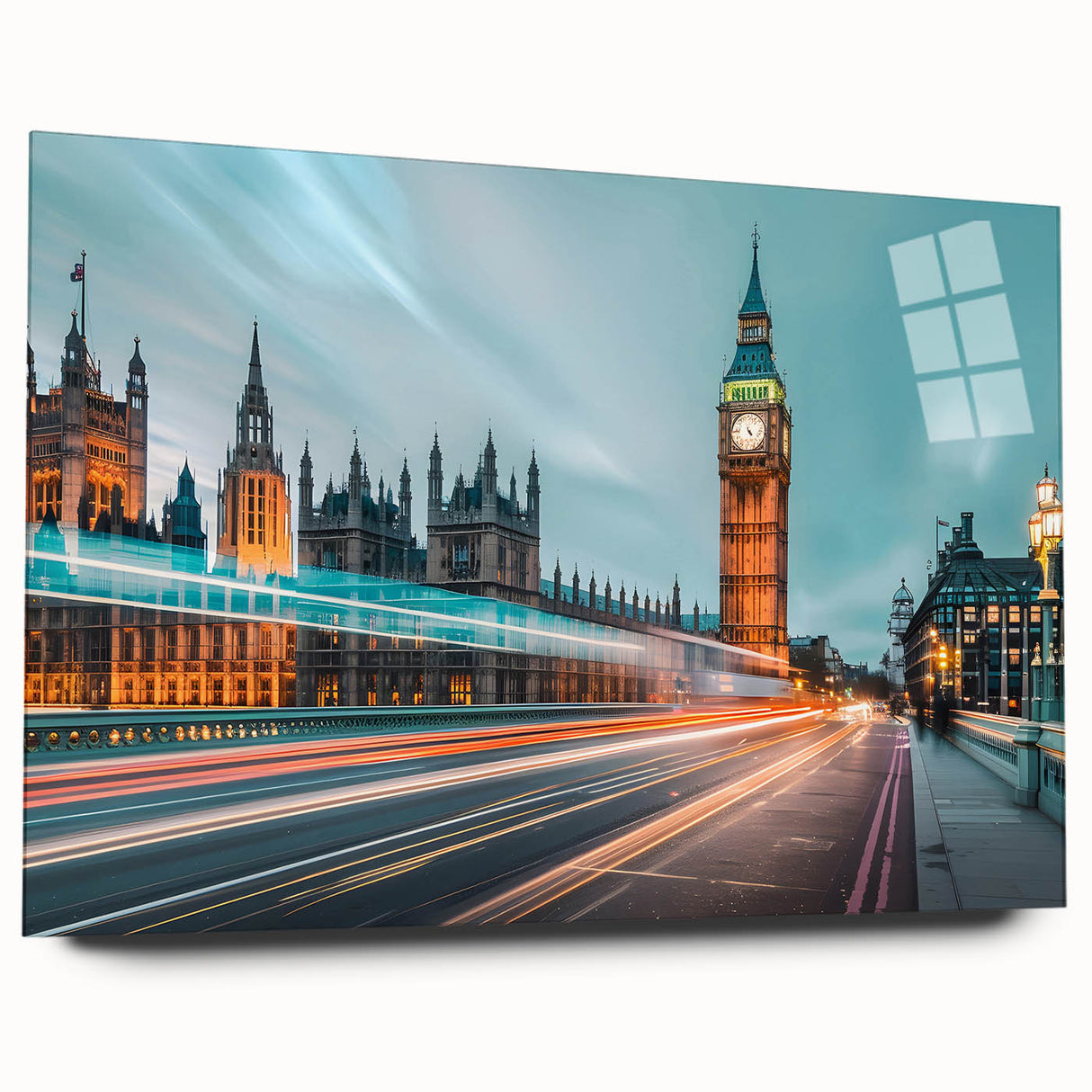 Large abstract wall art of London skyline in muted gray and blue tones on acrylic glass.