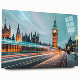 Large abstract wall art of London skyline in muted gray and blue tones on acrylic glass.