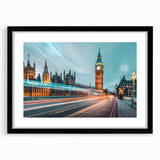 Extra large abstract art print of colorful, textured London scenery on a black framed canvas, ideal for living room decor.
