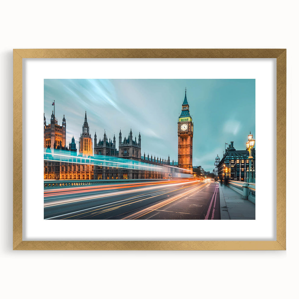 Abstract art print of London scenery in muted gold and blue tones, framed with mat, suitable for dining room decor.