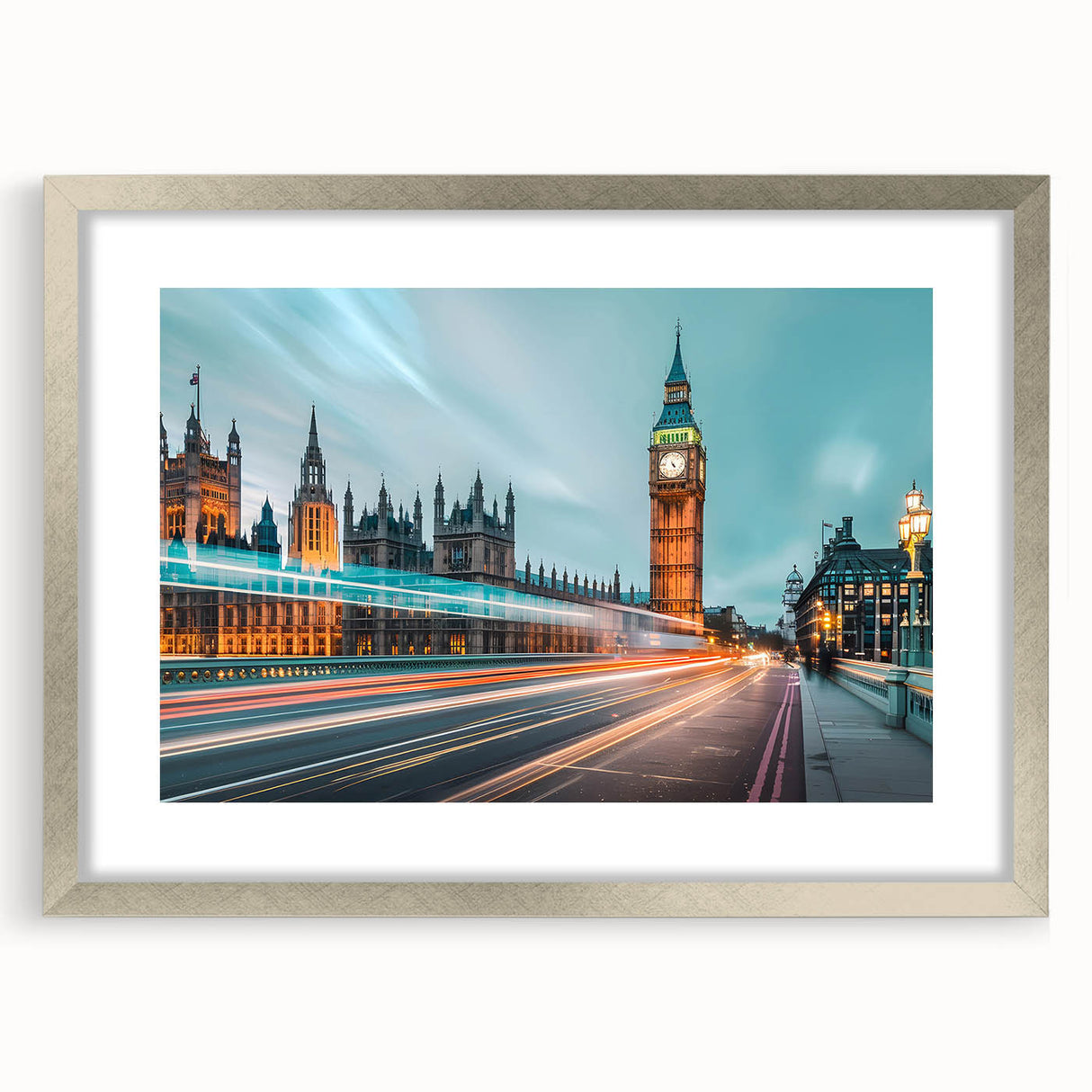 Extra large abstract art print of London scenery in textured silver frame, ideal for living room decor.