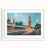 Textured abstract art print depicting a London skyline in muted gray tones, framed with a white mat.