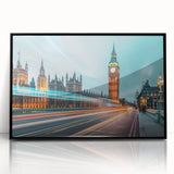 Large abstract wall art of London scenery in muted gray and blue tones on framed acrylic, ideal for modern living room decor.