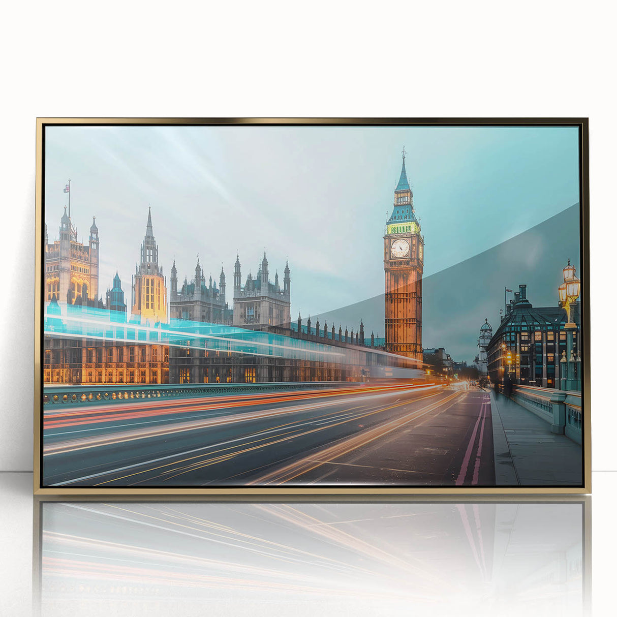 Art deco poster of London skyline in gold and black tones on a framed acrylic, ideal for modern art wall decor.