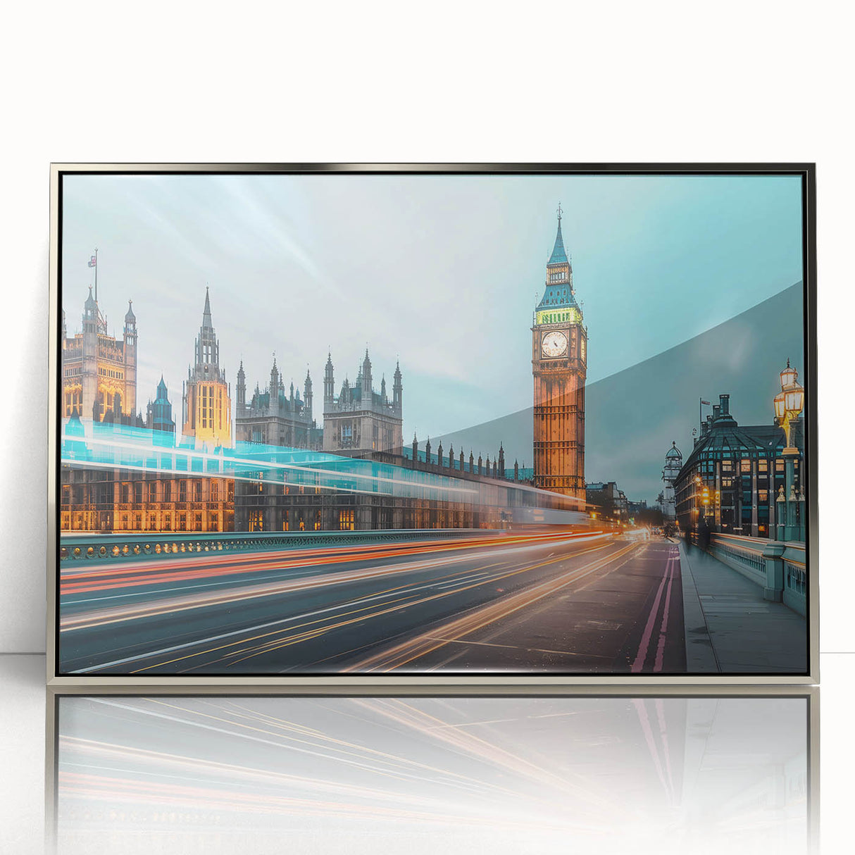 Mid-century modernist acrylic print of London skyline in muted grays and blues, framed in silver.