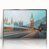 Mid-century modernist acrylic print of London skyline in muted grays and blues, framed in silver.