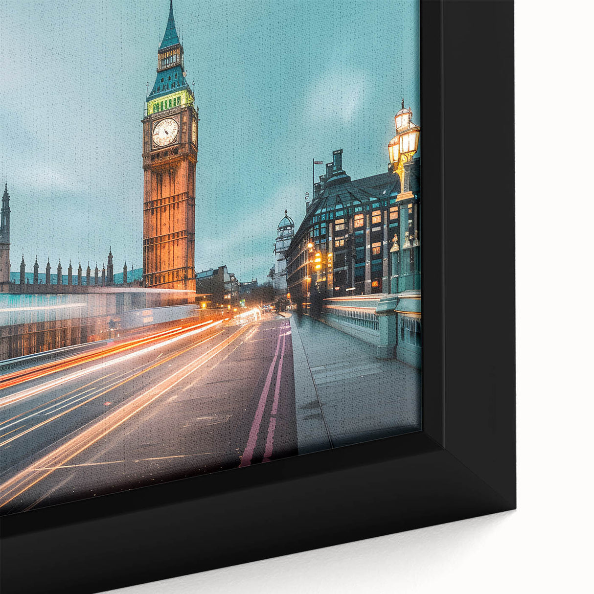 Extra large black wall art of London scenery, textured with vibrant colors on framed canvas, ideal for living room decor.