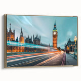Framed canvas featuring a vintage black and white London landscape, ideal for bedroom wall decor.