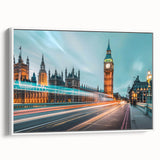 Vintage poster art of a London cityscape in vibrant colors on a white-framed canvas, suitable for living room decor.