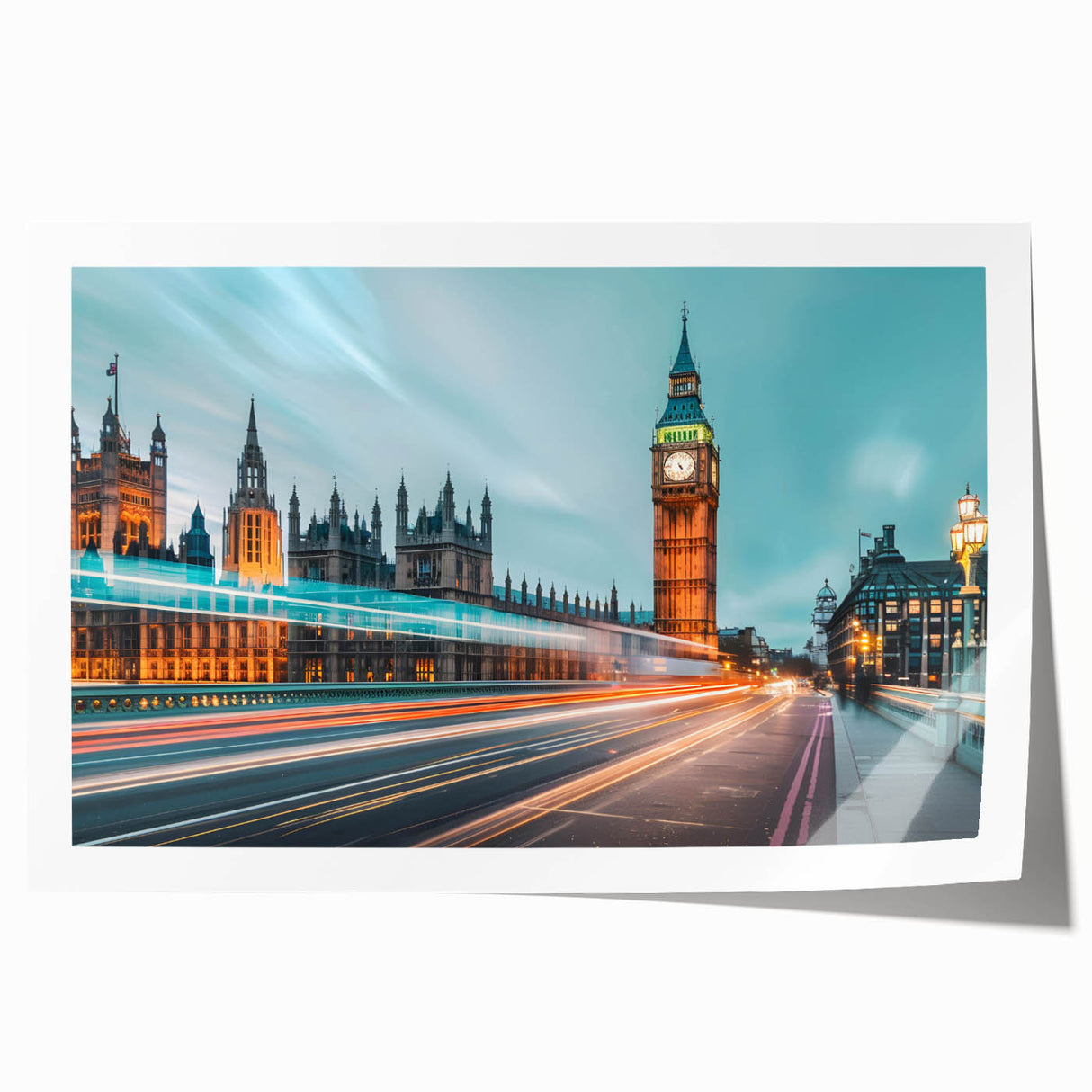 Extra large rolled print of London scenery with vibrant floral elements, ideal for art wall dining room.