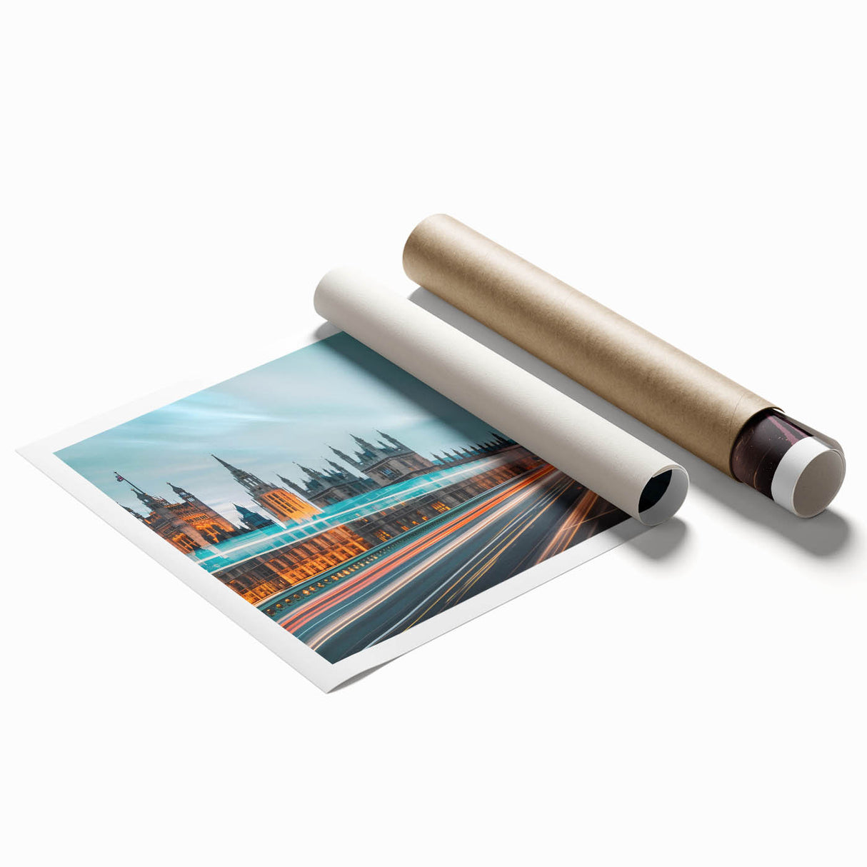 Extra large wall art featuring a London scenery in muted colors on a rolled print, suitable for classy bathroom decor.